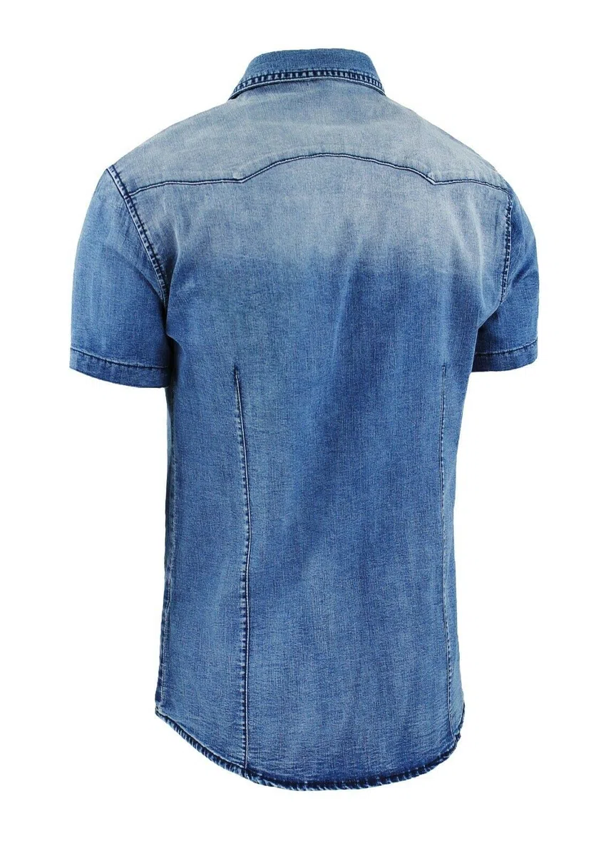 Evoga Camicia Uomo Jeans Denim Manica Corta Slim Fit 100% Cotone Casual Western con Tasche