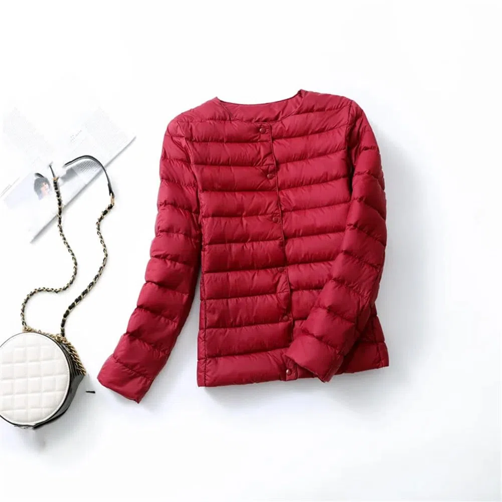 Piumino da donna ultra leggero tinta unita girocollo parka cappotto con bottoni sul davanti