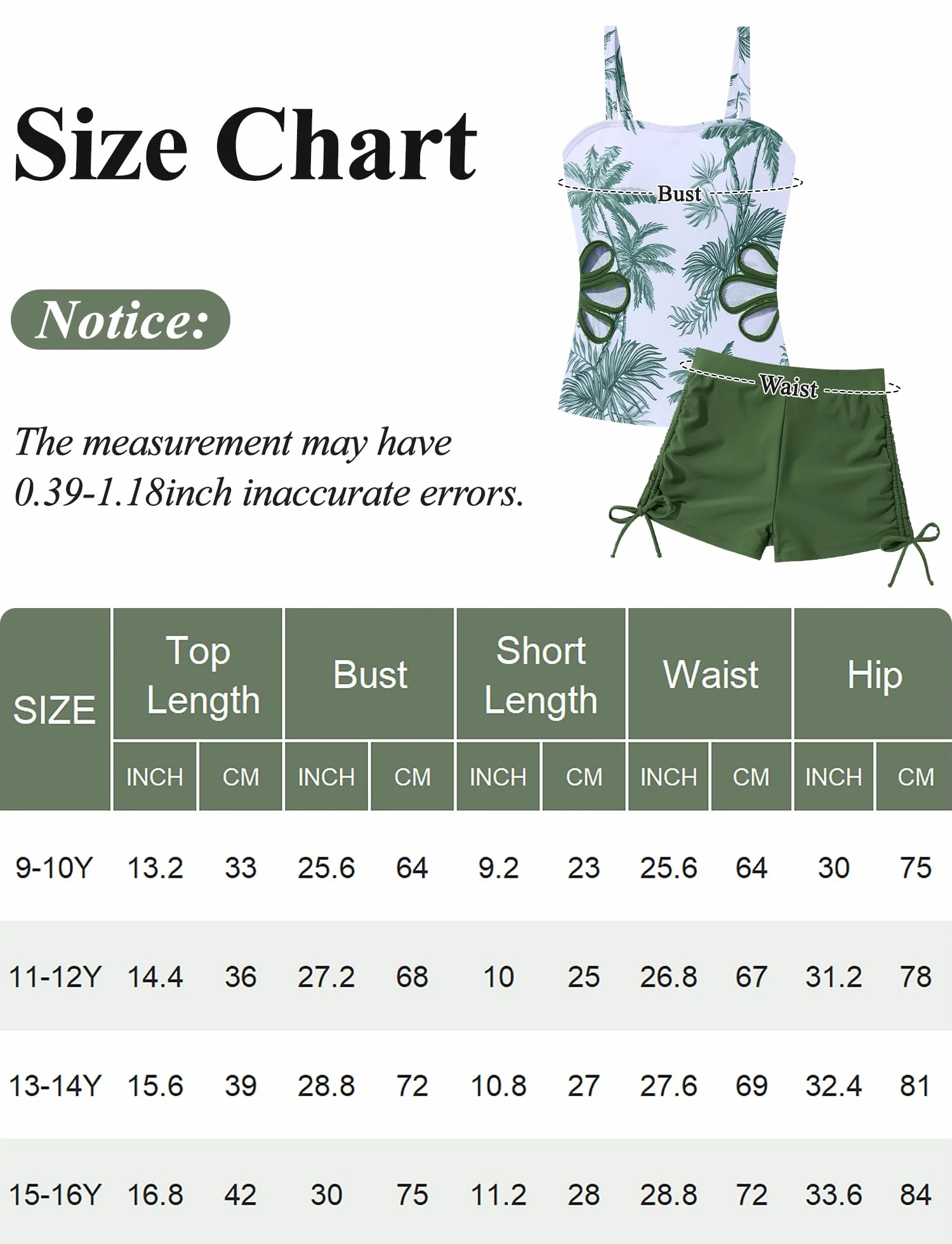 SEAUR Costume da bagno in due pezzi, da bambina, tankini con pantaloncini, 9-16 anni, con stampa floreale, taglio out, costume da bagno per bambini, adolescenti, estate, spiaggia