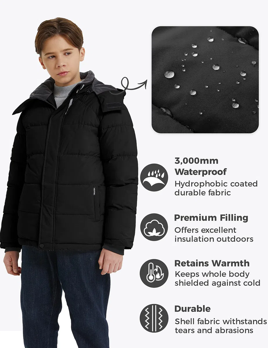 Wantdo Giacca Caldo Invernale Parka con Cappuccio Antivento Cappotto da Esterno Trapuntato Giubbotto in Cotone da Trekking Bambino