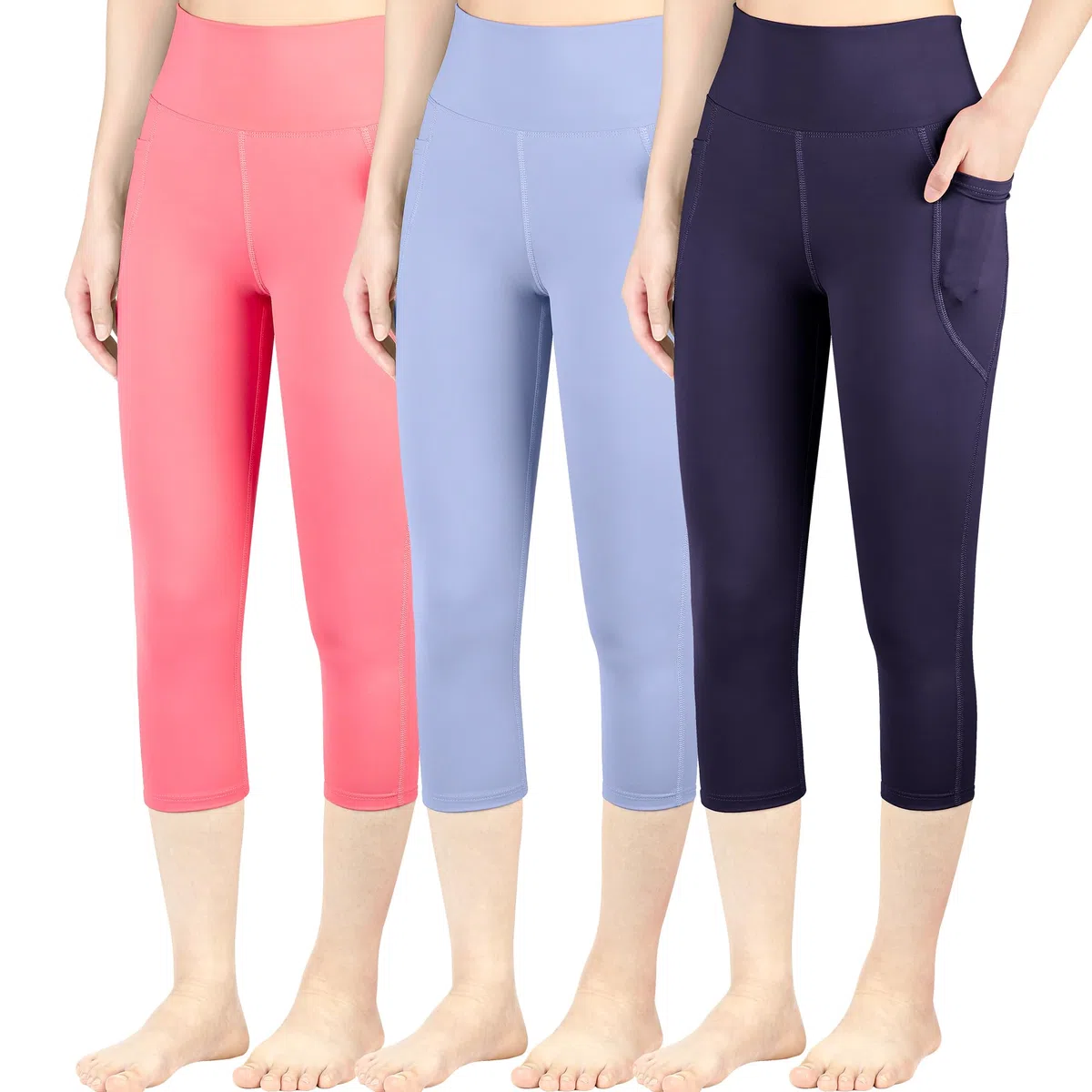 BIG ELEPHANT Confezione da 3 Leggings Capri Bambina con Tasche – Pantaloni Sportivi Yoga a Vita Alta per Bambine, Corsa, Danza, Allenamento