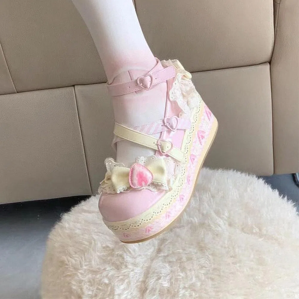 Le Mie Donne Lolita Mary Jane Pelle Scarpe Goth Round Piedi Scricchiolante Piattaforma Tallone Riccio Poltrone Rosa Rospo Kawaii Dolce con Bolla JK Abito Principessa Demin Jeans