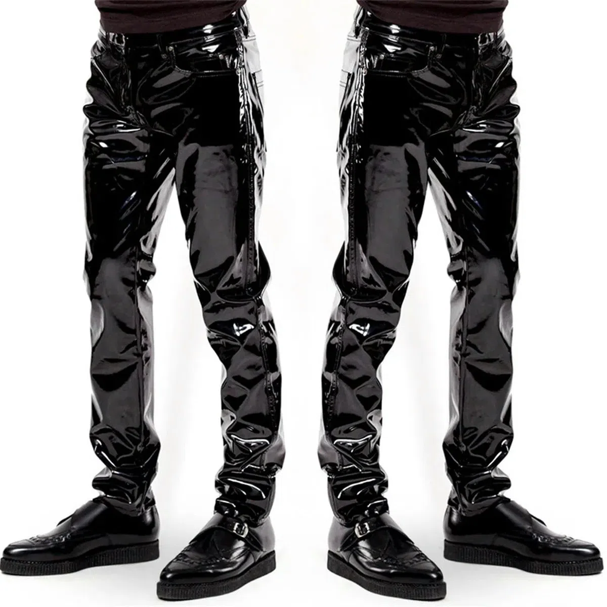 ARESU Pantaloni da Uomo in Ecopelle Neri Pantaloni in Lattice di PVC Lucido Effetto Bagnato Pantaloni da Moto Moda da Strada Clubwear Costume-L-Nero