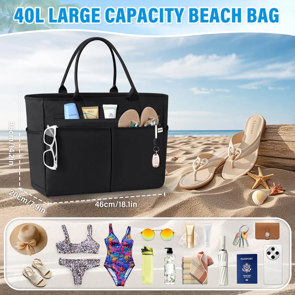 IGOLUMON Borsa Mare Donna Grande XXL Famiglia Borsa Spiaggia con Cerniera Capacità 40L Pieghevole Borse Tote per Mare Viaggio Shopping Nero