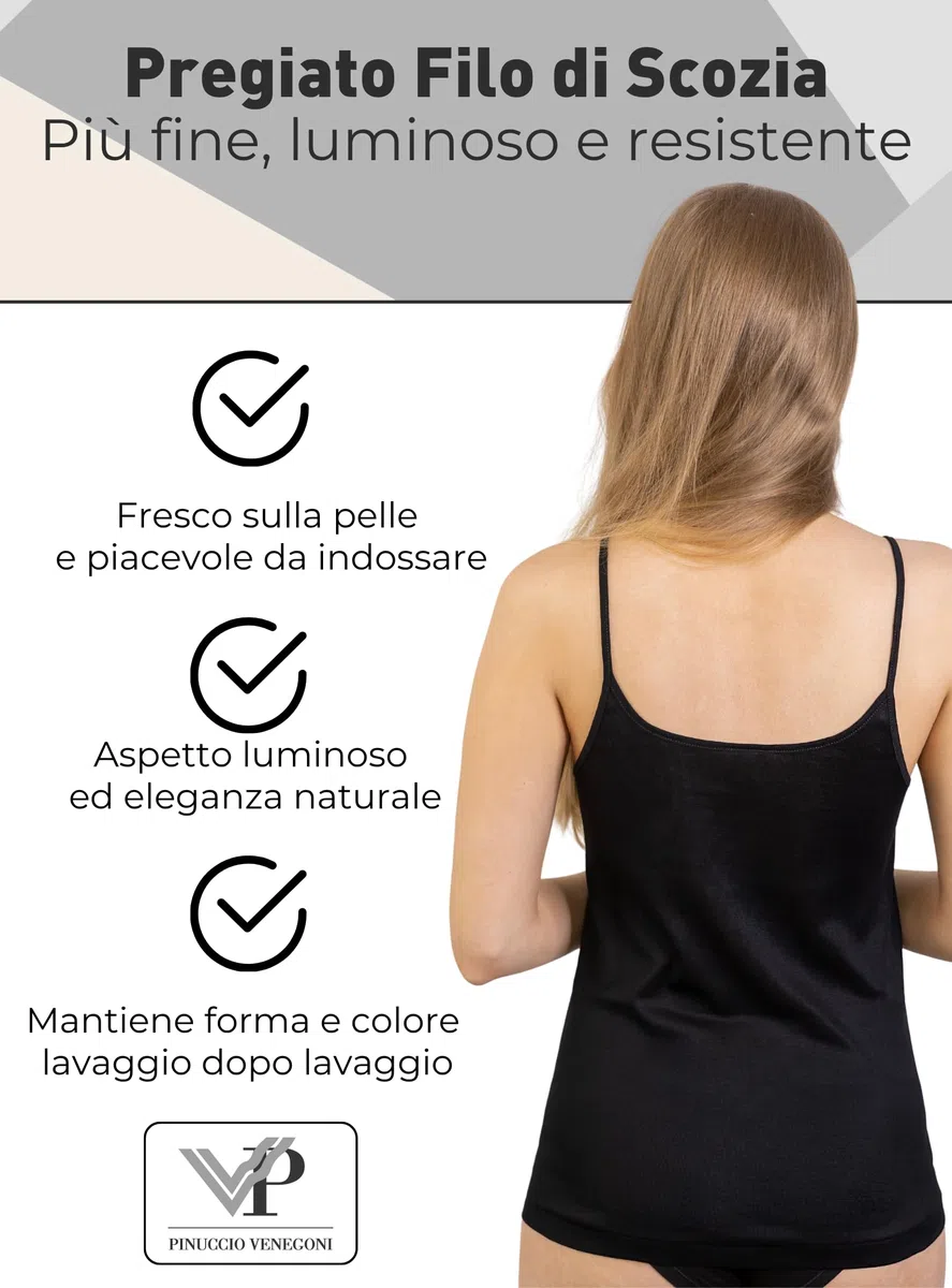 VP PINUCCIO VENEGONI Set 2 Canottiera Donna Cotone Filo di Scozia Spalla Stretta Made in Italy | Intimo Donna Sottogiacca Elegante | Canotta Bianca e Nera