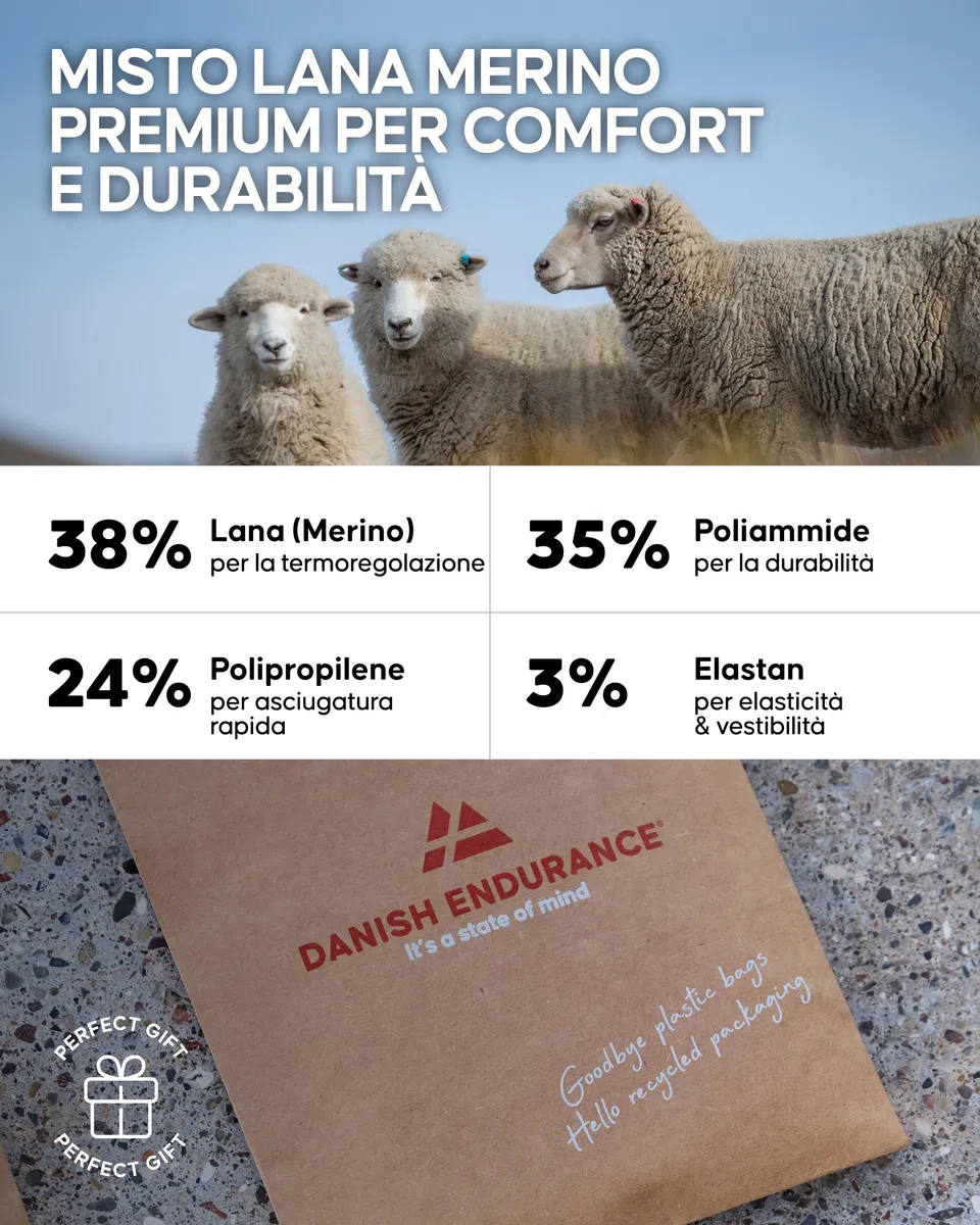 DANISH ENDURANCE 2 paia di calzini da trekking in lana merino premium, anti-vesciche, da uomo e da donna