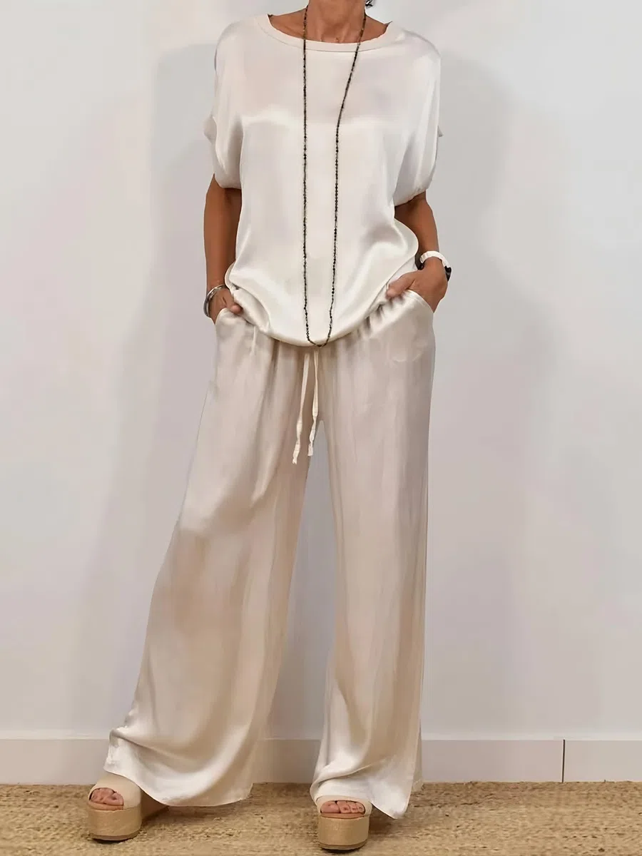 Completo Due Pezzi Pantaloni Donna Estate, Beige, Maglia Girocollo In Raso Di Seta, Top Con Elastico In Vita, Pantaloni A Gamba Larga Coordinati, Outfit per Il Tempo Libero Quotidiano
