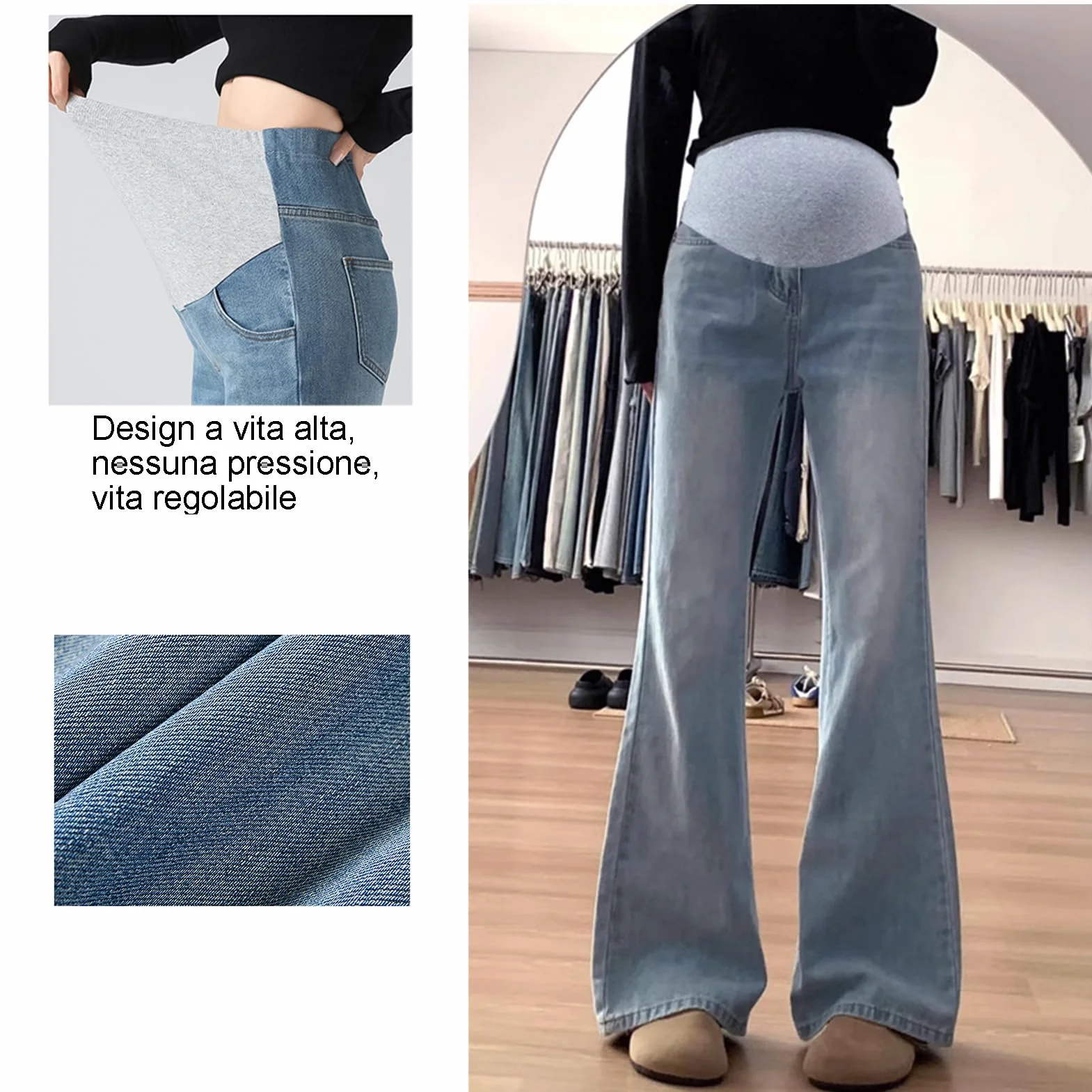 Jeans Gravidanza Svasati con Vita Regolabile - Life Comfort Taglie Forti per Donne sotto i 170cm, Tasche Utility