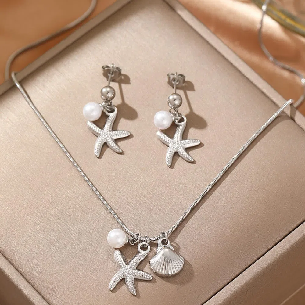 Set Gioielli Stella Marina Conchiglia Perla Collana Orecchini Parure Acciaio Inossidabile Ciondolo Marino Catena Serpente