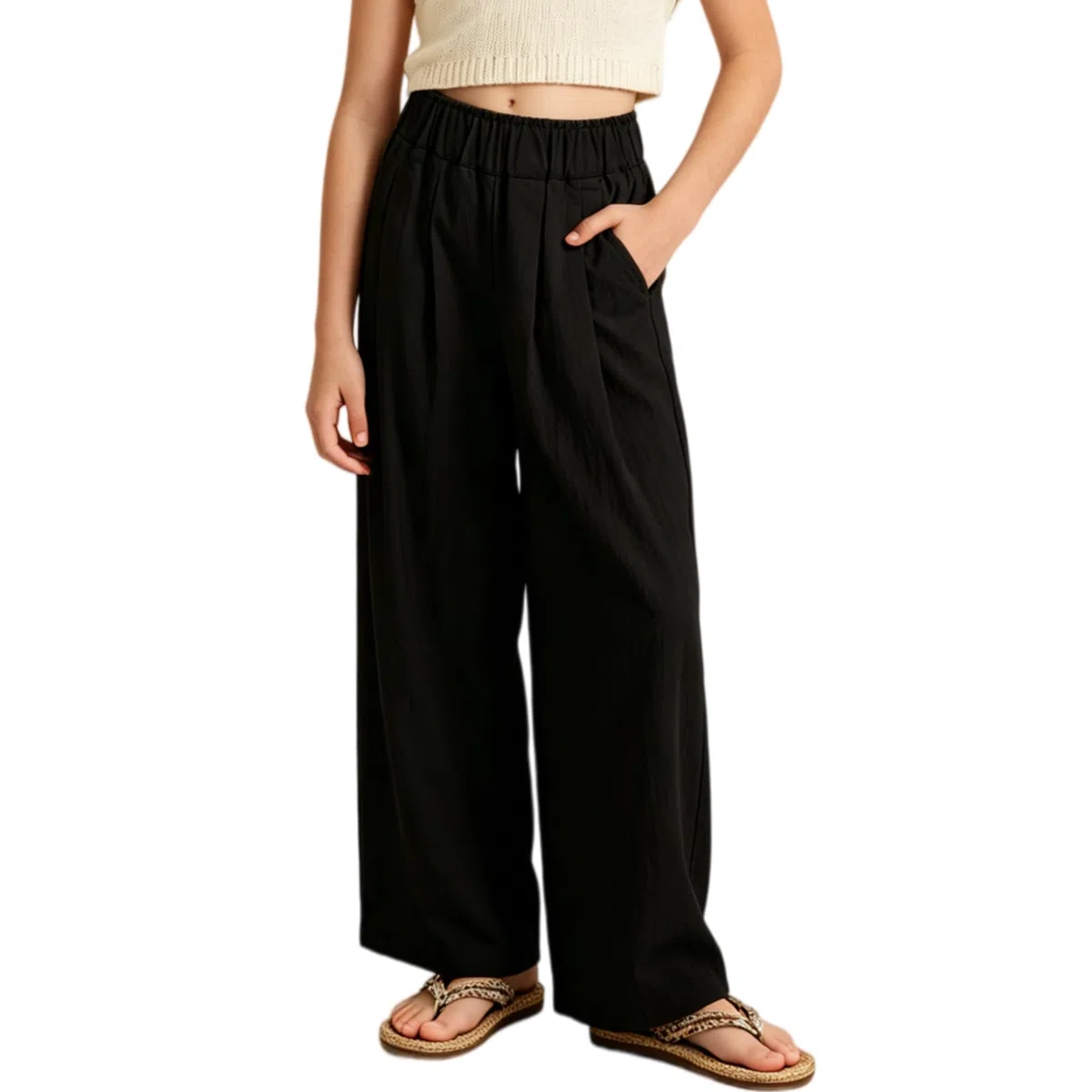 Rolanko Ragazze Pantaloni a Gamba Larga, Flowy Paperbag Pantaloni Palazzo Estivi con Tasche e Vita Elastica per Una vestibilità Ampia