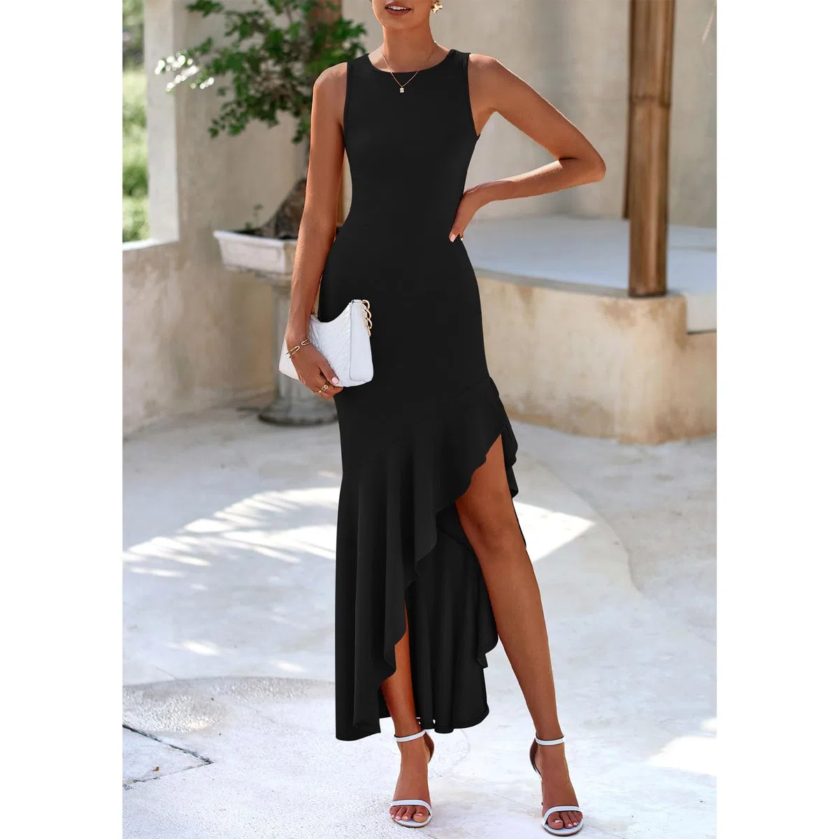 Vestiti da Cerimonia da Donna Maxi Abito da Sera Orlo a Volant Spacco Vestito Lungo Senza Manica Aderente Elegante Vestito da Cocktail Vita Alta Abito da Ballo Partito Festa Banchetto