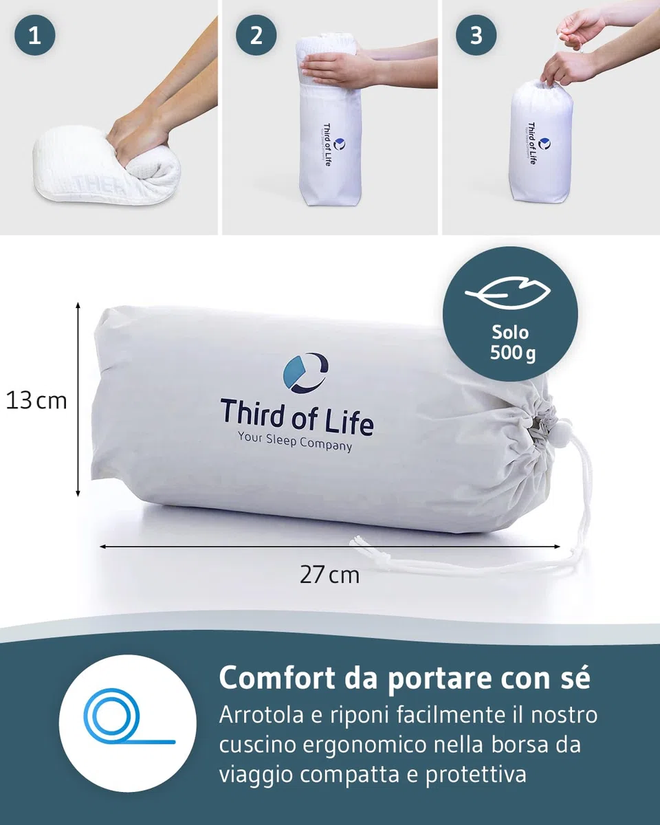 Third of Life VOLAR Cuscino da viaggio in memory foam, Piccolo cuscino cervicale ergonomico e ortopedico, Federa termoregolante, Poggiatesta per viaggiare o per dormire in campeggio, 40x25x10cm