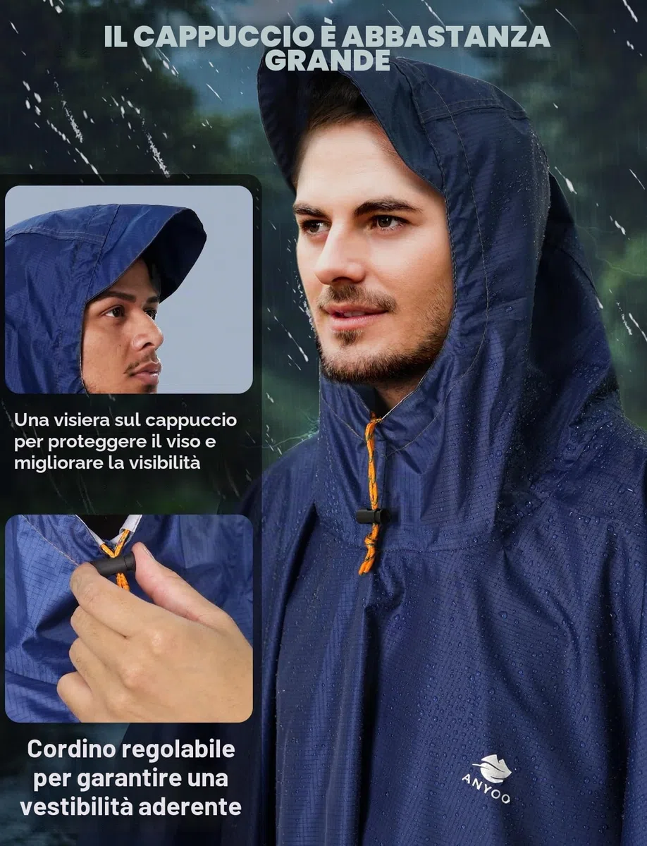 ANYOO Impermeabile Poncho Pioggia Riutilizzabile Multiuso Impermeabile con Cappuccio Packable Telo Riparo a Terra Foglio Ideale per Campeggio all'aperto Pesca Sopravvivenza,Taglia Unica