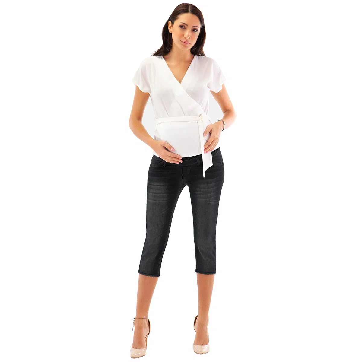 MAMAJEANS Capri - Jeans Premaman Lunghezza 3/4, Fondo Sfrangiato, vestibilità Slim, Tessuto Elasticizzato e Comodissimo - Made in Italy