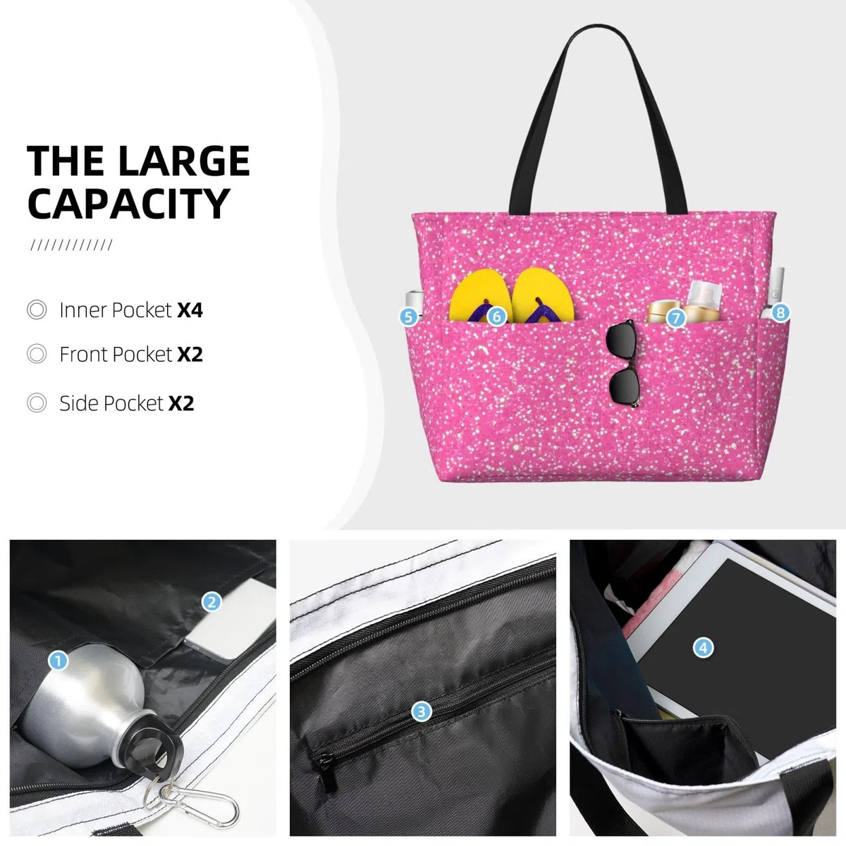 Borsa da spiaggia extra large con glitter rosa scintillante con tasche con cerniera, borsa impermeabile per piscina, picnic, palestra e viaggi