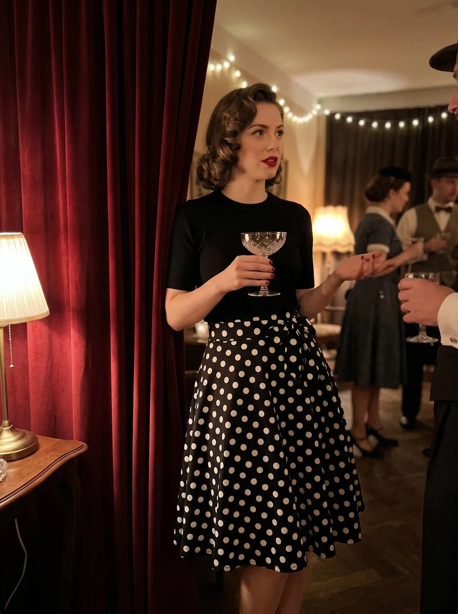 WERFORU Gonna midi da donna anni '50, a pois, rockabilly, vintage, linea ad A, gonna a pieghe con cintura