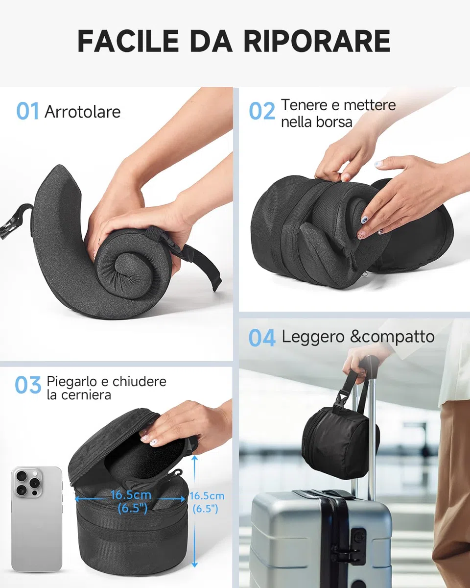 Umisleep Cuscino da Viaggio Memory Foam, Cuscino Cervicale per Aereo con Supporto 360°, con Maschera Occhi 3D, Cuscino da viaggio anticaduta testa per aereo, Ideale per Voli Lunghi (Nero)