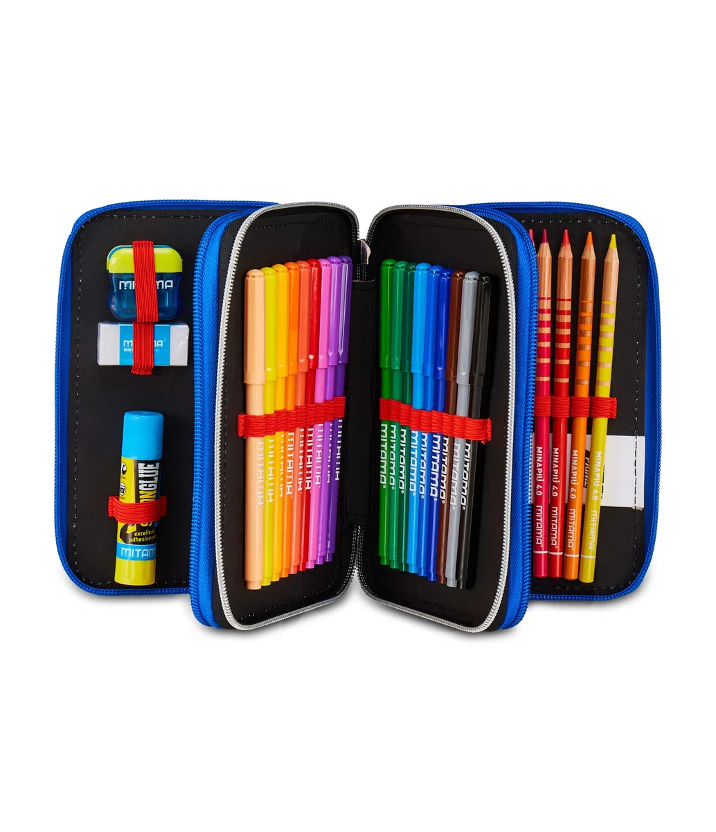 Seven SevenSonic Astuccio Scuola 3 Zip, Rosso, Portapenne Triplo Scomparto Completo Di Penne, Matite, Colori, Accessori Zaino, Scuole Elementari, Bambino