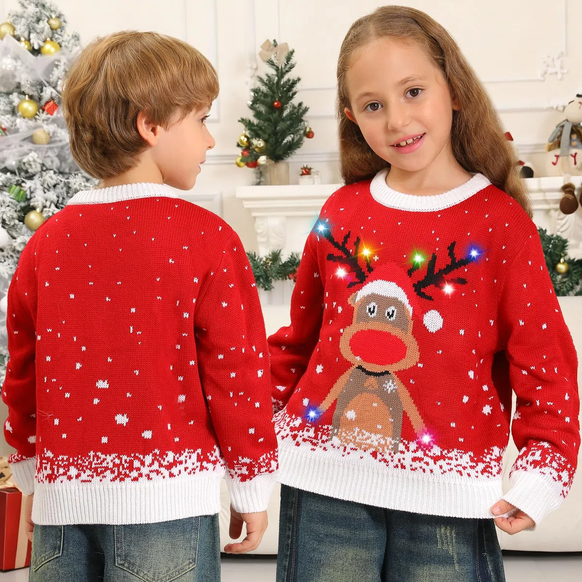 Maglione Natalizio Bambino con Luci, Maglioni Natalizi Bambini Divertenti, Girocollo Maglioncino Natalizio Famiglia Led Ugly Christmas Sweater,Brutti Maglioni di Natale per Bimbo/Bimba/Ragazza/Ragazzo