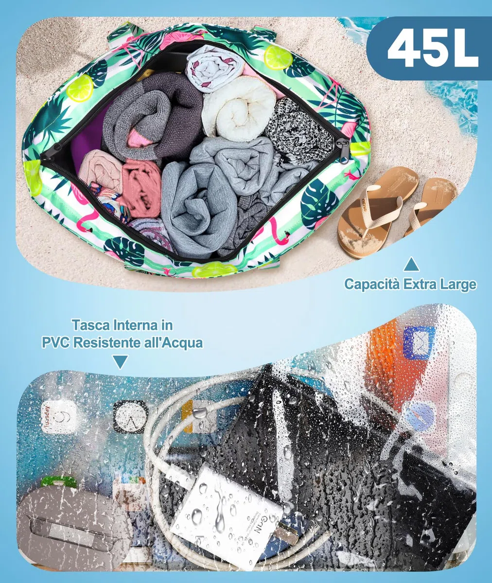 ISEYOU Borsa Mare Grande XXL Famiglia, Borsa Spiaggia con Chiusura Zip e Impermeabile, Leggera e Pieghevole, Multitasche ad Ampia Capacità Borsello Tracolla Donna per Shopping, Viaggio, Campeggio