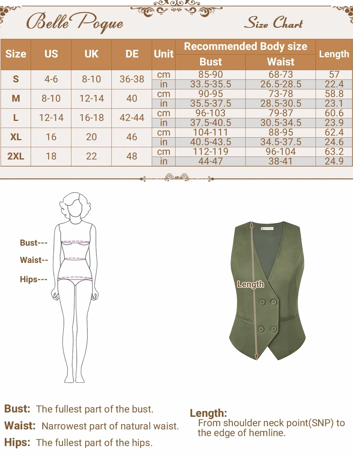 Belle Poque Gilet da donna vintage senza maniche con scollo a V, doppio petto, orlo fazzoletto con tasche