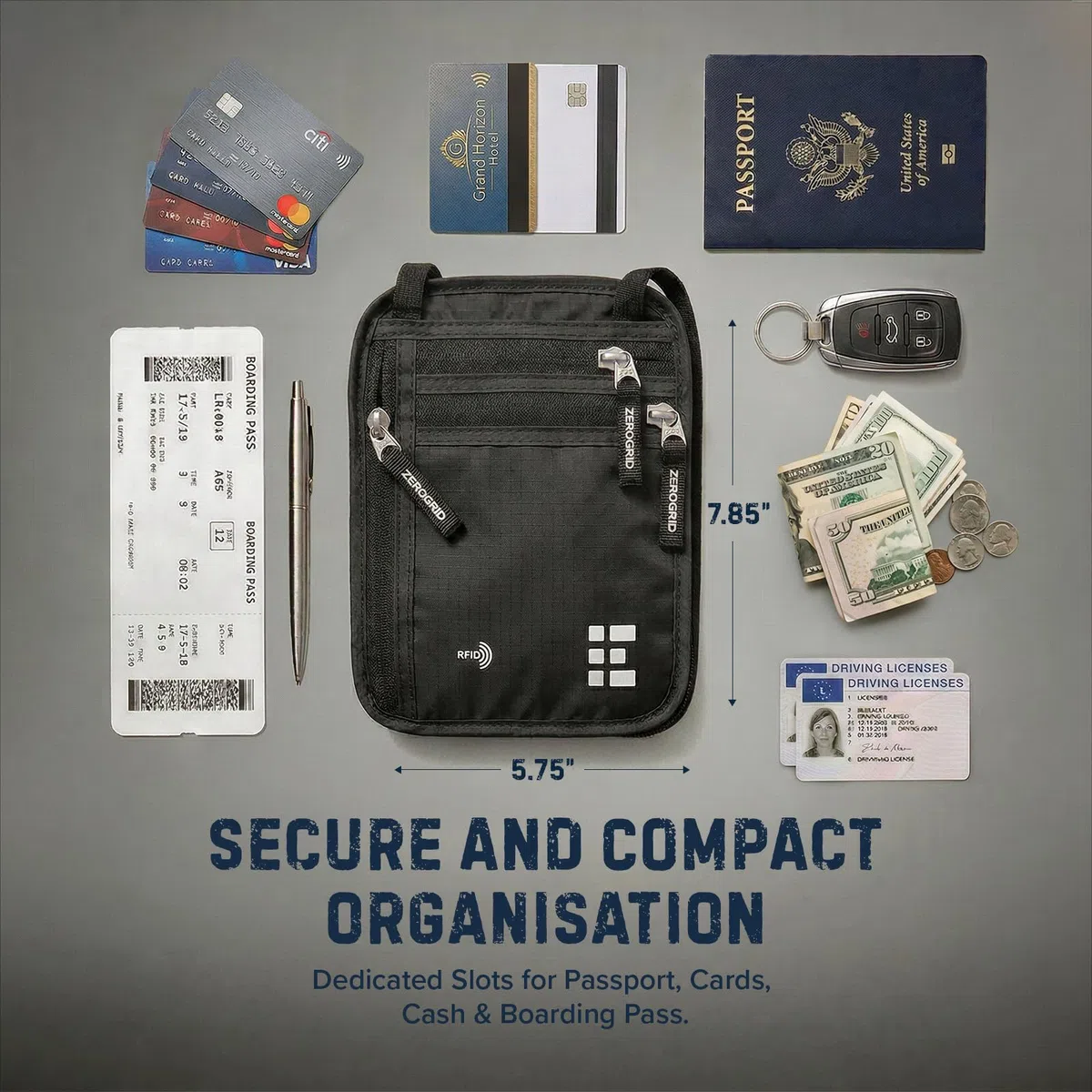 Zero Grid Portafoglio da collo con blocco RFID, custodia da viaggio nascosta e porta passaporto