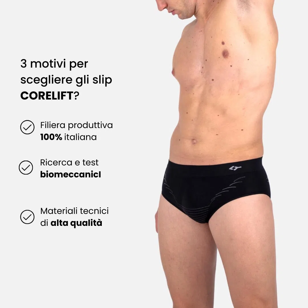 FLOKY Slip Uomo Corelift. Intimo biomeccanico. Multisport. Supporto e stabilità Funzionale specifico per Anatomia Maschile. Migliora la stabilità Muscolare ed Il Recupero Post Allenamento. Nero L-XL