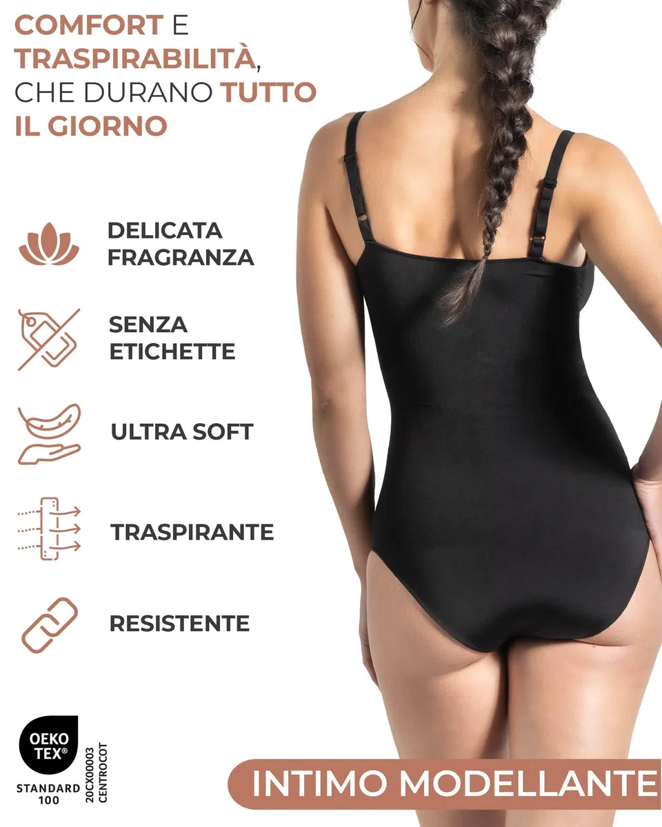 Risalti Body Contenitivo Modellante Donna Spallino Regolabile - Shapewear Bodysuit in Microfibra Seamless, Snellente per Vita Pancia Fianchi, Intimo Modellante - Made in Italy