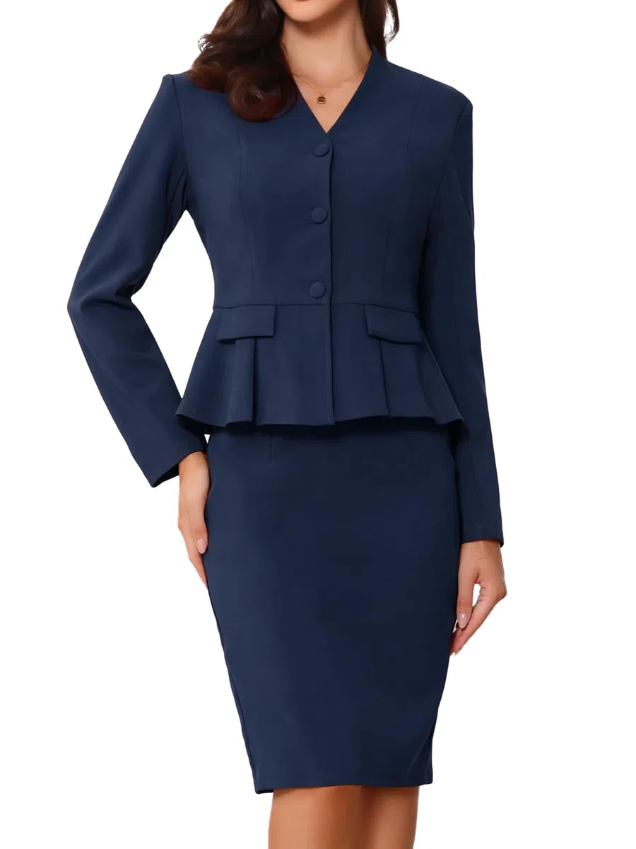 Allegra K Set da 2 pezzi, abito da donna a maniche lunghe senza colletto con peplo blazer e gonne a matita