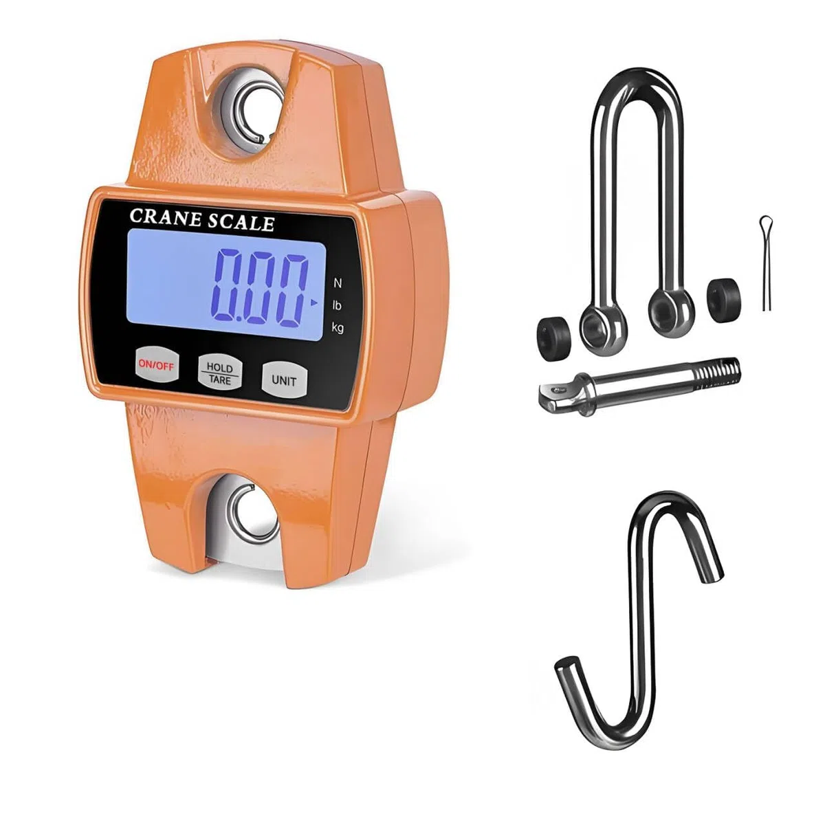 Qumox Bilancia Digitale a Gancio 300kg, Portatile con Custodia in Alluminio, Display Retroilluminato, Gancio a S, per Agricoltura, Caccia, Pesca, Viaggio, Esterno (Arancione)