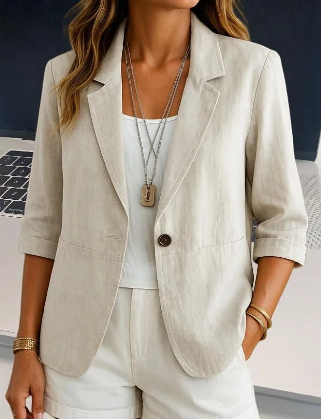 Blazer per Le Donne Completo da Donna in Lino E Cotone Cardigan Aperto sul Davanti Maniche A 3/4 Casual da Lavoro da Ufficio Elegante Leggero Estivo con Tasche A Filetto Singole