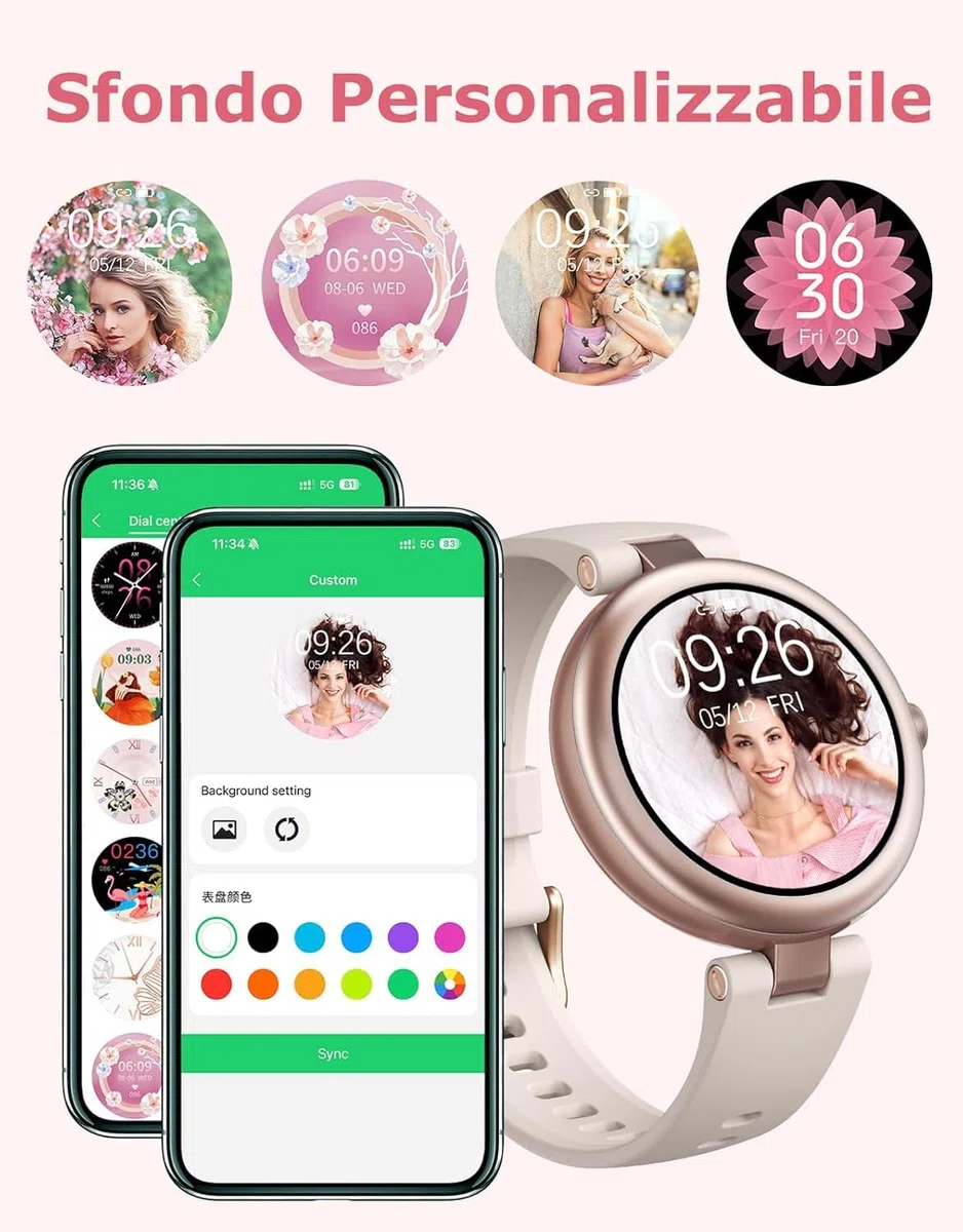 Smartwatch Donna Piccolo Rotondo Risposta Chiamate per Android iOS Orologio Contapassi Cardiofrequenzimetro da Polso Saturimetro Orologio Fitness Notifiche 100+ Modalità Sportive