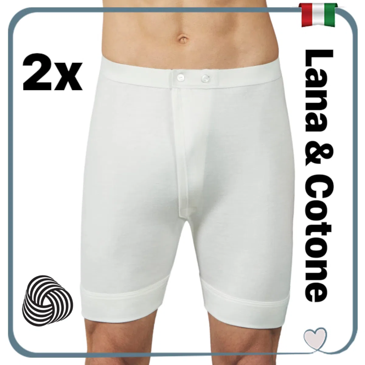 VP PINUCCIO VENEGONI Set 2 Mutande Uomo Lunghe Lana e Cotone; Made in Italy Intimo Termico Uomo Invernale Boxer Uomo con Apertura Frontale Invernali Mutanda Lunga Lana Mutandoni