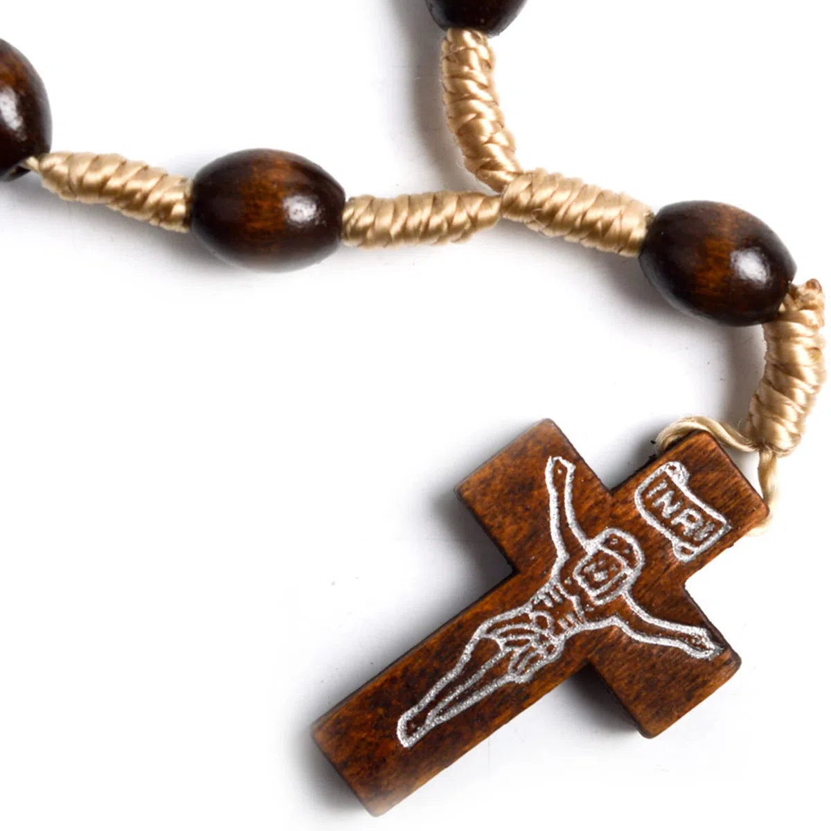 Bracciale Rosario Cattolico con Pendente Rosario Perline Legno Battesimo Comunione Dito