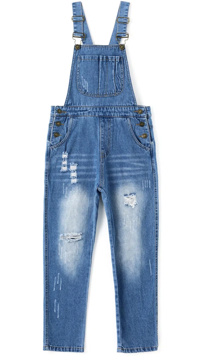 KIDSCOOL SPACE Salopette di jeans per bambina, abbigliamento da lavoro in jeans strappati da bambino grande
