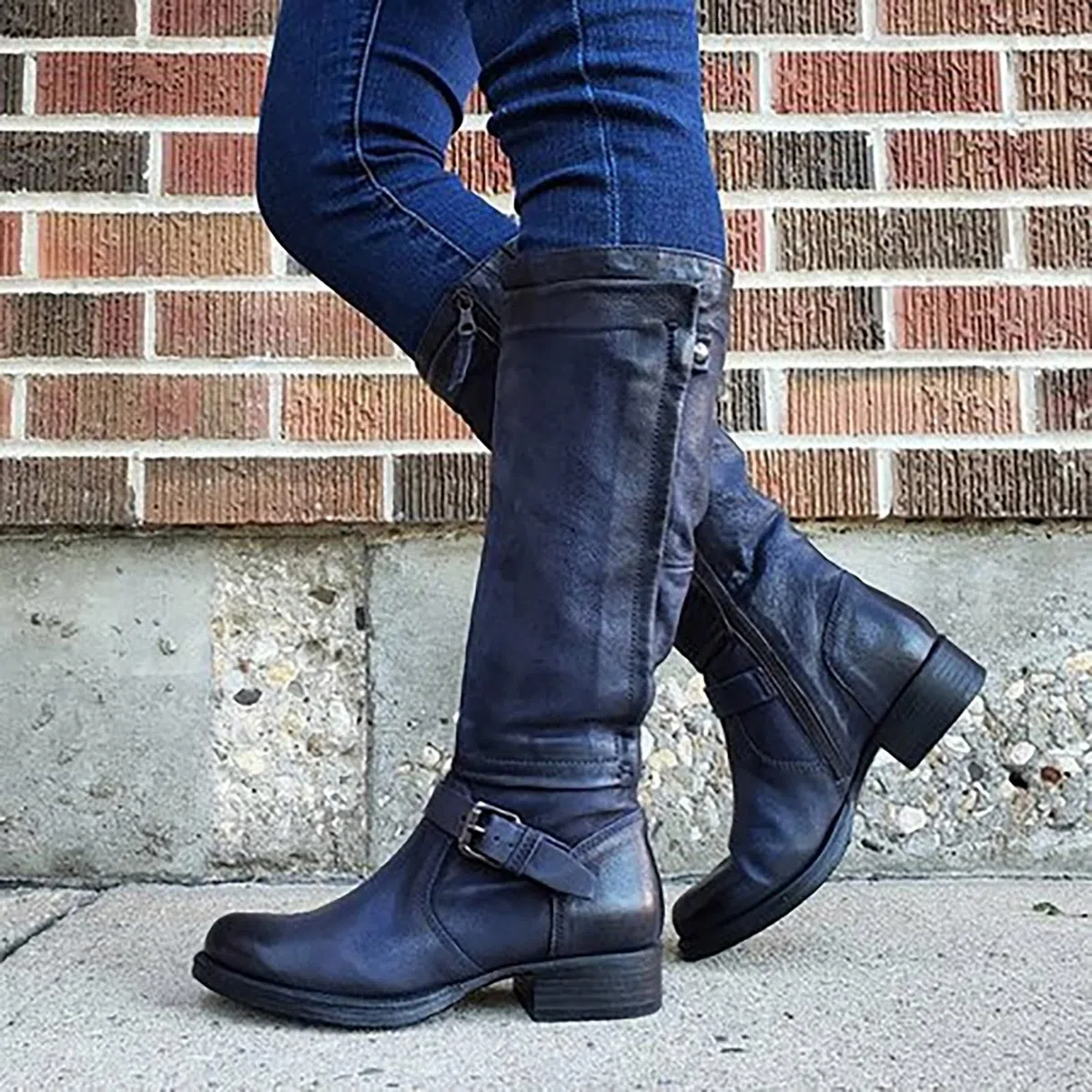 Generico Stivali Donna Autunno Inverno Tacco Grosso Cowboy Fibbia Cintura Alti Mid Calf Commercio Estero