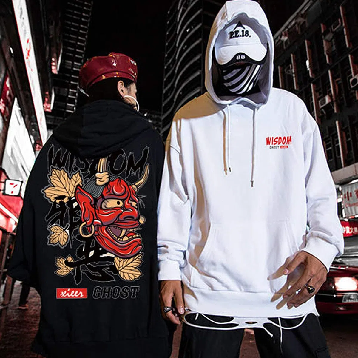 XYXIONGMAO Felpe con Cappuccio Grafica per Uomo con Cappuccio Giapponese Streetwear Oversize Nero Bianco Fantasma Hip-Hop Buono e Male