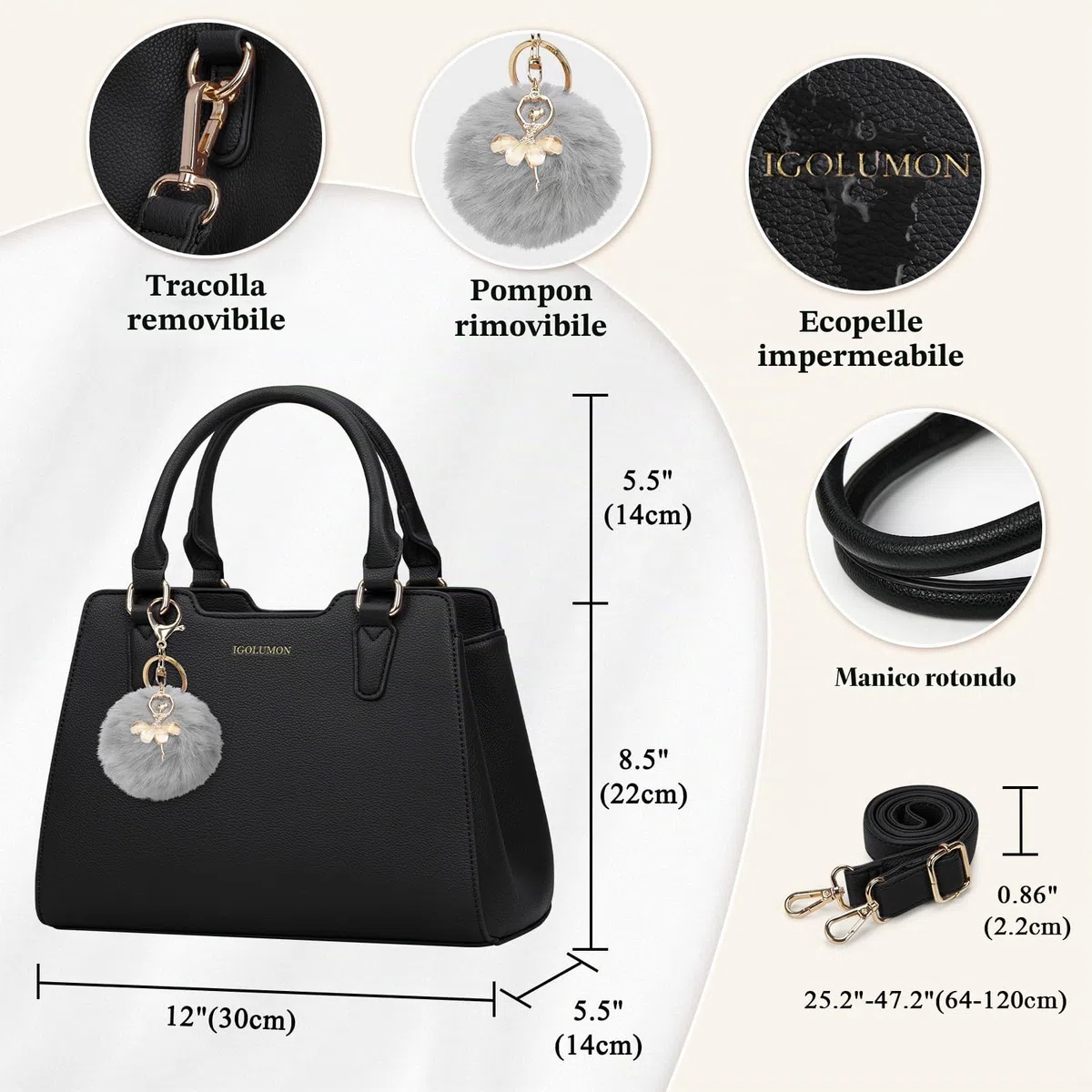 IGOLUMON Borsa Donna Borse in Pelle Borsa Mano Donna Grande Lavoro Tote Bag Università Tracolla Borsetta Tracolla Media Borsette a Spalla Firmate in Saldo Nero