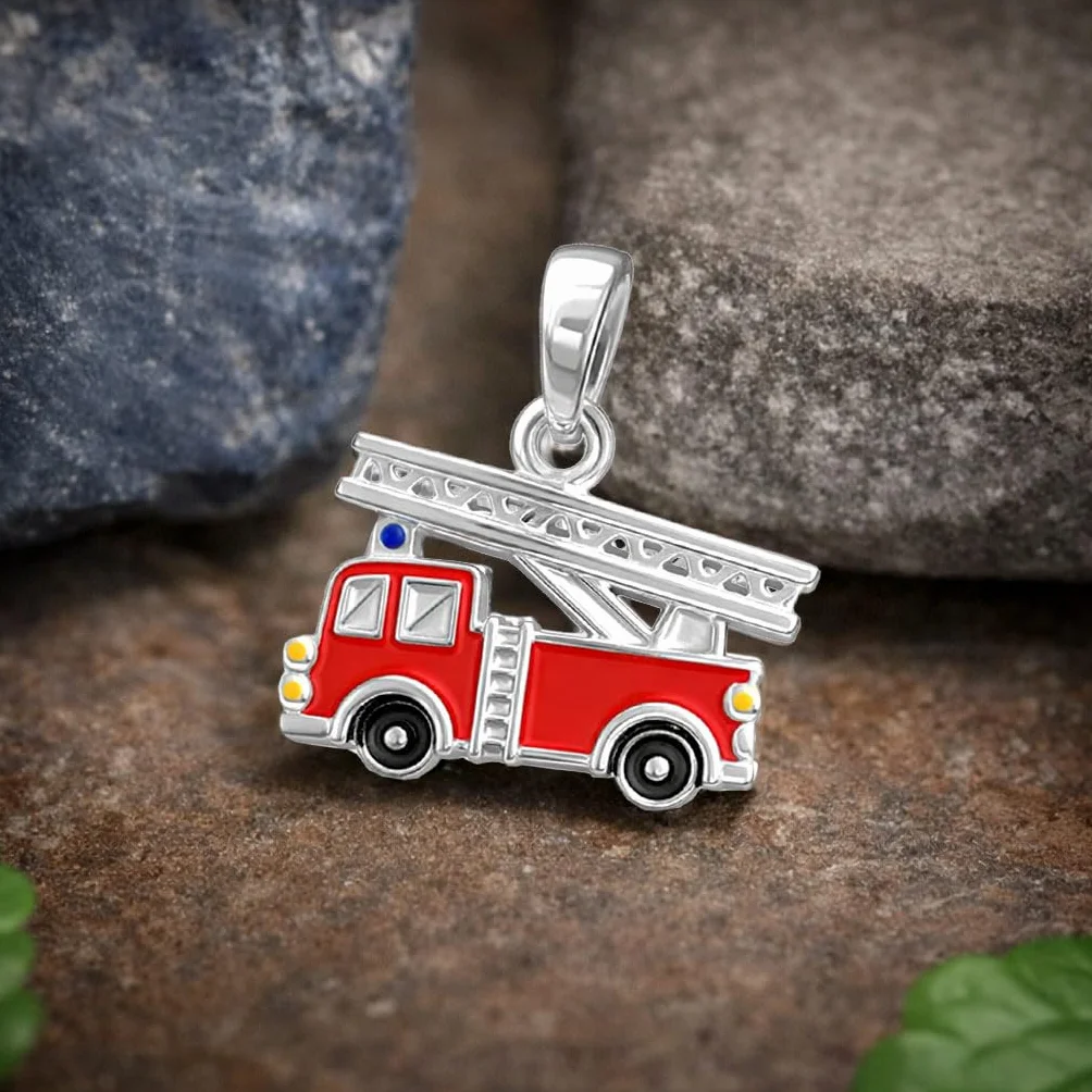 CLEVER SCHMUCK Ciondolo con vigili del fuoco, 12 x 9 mm, rosso, nero, giallo, laccato, in argento sterling 925, per ragazzi, in confezione regalo pieghevole