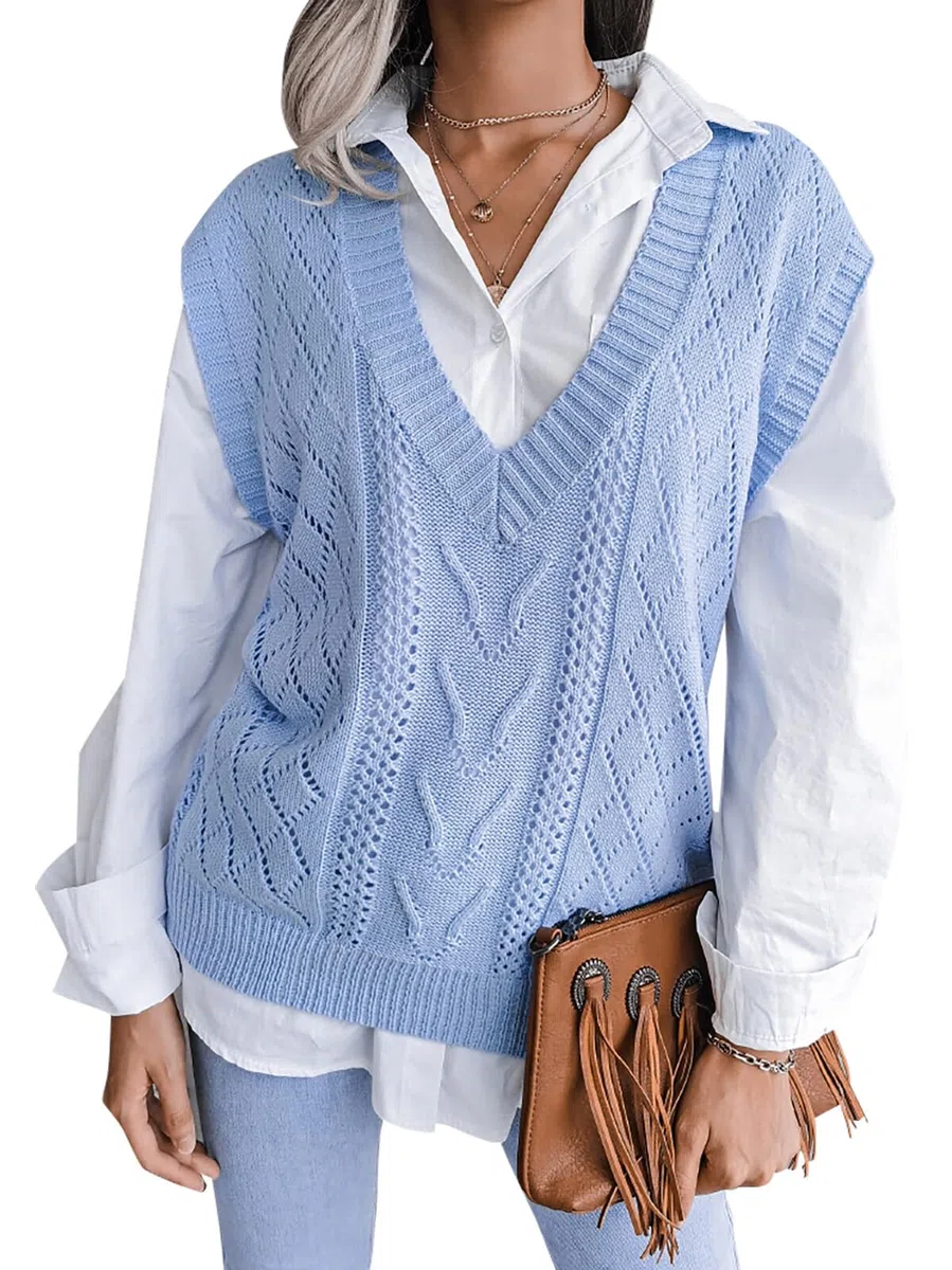 FEOYA Gilet con Scollo a V da Donna Ragazza Maglione Lavorato Senza Maniche Allentato Pullover Smanicato in Maglia Caldo Casual Vintage Chic Carino Inverno Autunno Primaverile Scolastico Natale S-XXL