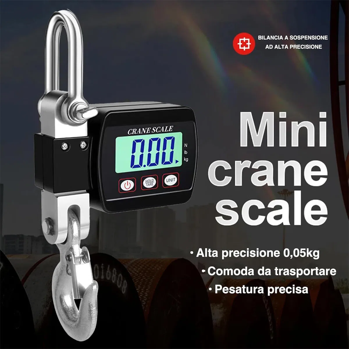 Voltix Bilancia Sospesa Elettronica da 500 kg (1100 Libbre), Bilancia Sospesa Industriale con Sensore Preciso, Mini Bilancia LCD Portatile con Gancio, Bilancia per Valigie (Nero)