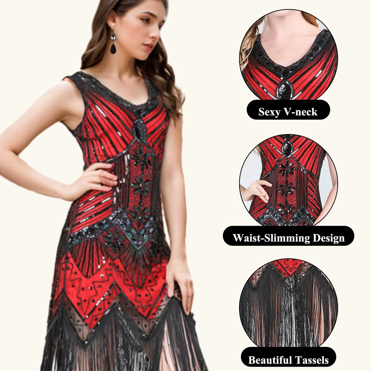 ELECLAND Abito con frange con paillettes con scollo a V anni '20 e set di accessori anni '20