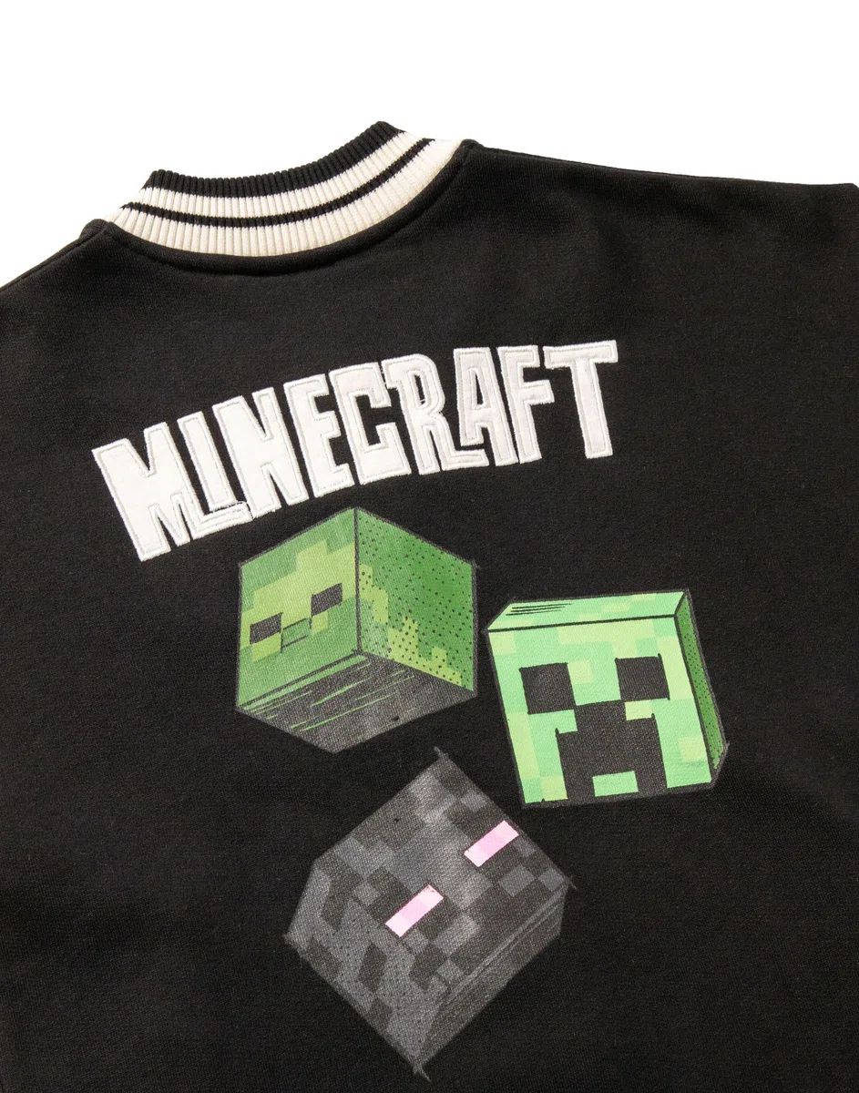 MINECRAFT Giubbotto bomber Creeper in bianco e nero | Giacca college da ragazzo con grafica Adventure Club | Capispalla per abbigliamento casual a maniche lunghe | Merchandising