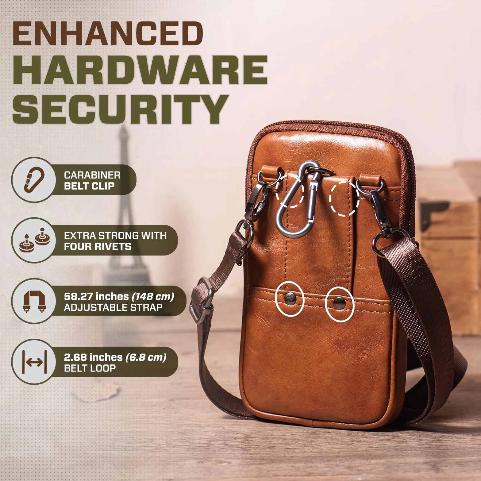 Borsa a tracolla da uomo in pelle, piccola fondina verticale per cellulare, con moschettone e passante per cintura