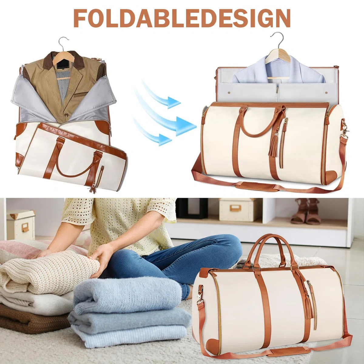 Borsone da Viaggio, Porta Abiti da Viaggio, Travel Bag con Custodia Per Scarpe, Grande Borsa da Viaggio Donna, Borsa da Viaggio Porta Abiti Pieghevole, Borsa Per Valigie Sospesa 2 In 1 (Bianco)