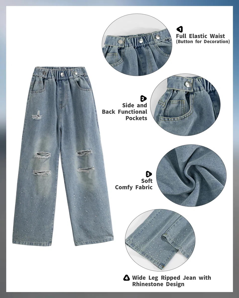 Rolanko Jeans Ragazze, Loose Denim Pantaloni Vita Elastico Moda Rotti Blu per Bambini