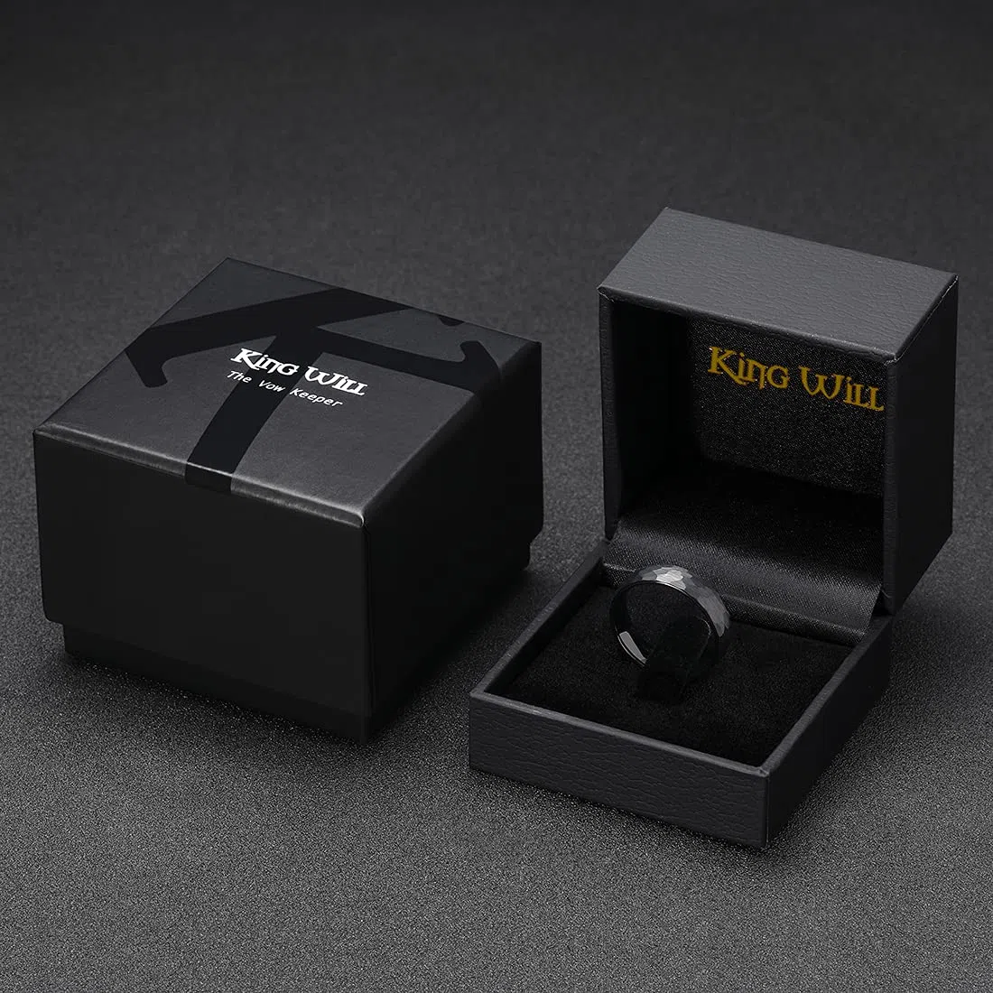 King Will HAMMER - Anello in tungsteno, 8 mm, argento/nero, con martello, taglio comodo, sfaccettato, da uomo, fede nuziale lucida/bordi smussati