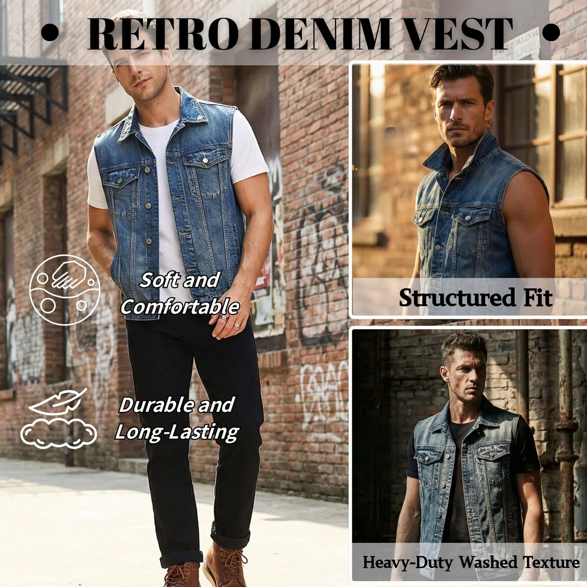 Gilet di Jeans da Uomo Cotone Cowboy Giubbino in Denim Vintage Senza Maniche Giacca con Bottone Slim Fit Moto Gilet Jeans