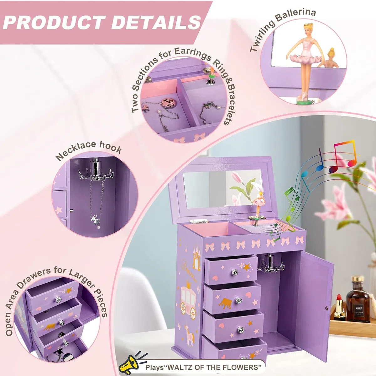 Redcoutt Portagioie per Bambine - Carillon per Bambine con Principessa, con Cassetti, Regalo da Favola per Compleanni, Portagioie per Bambine dai 3 ai 15 Anni (viola)