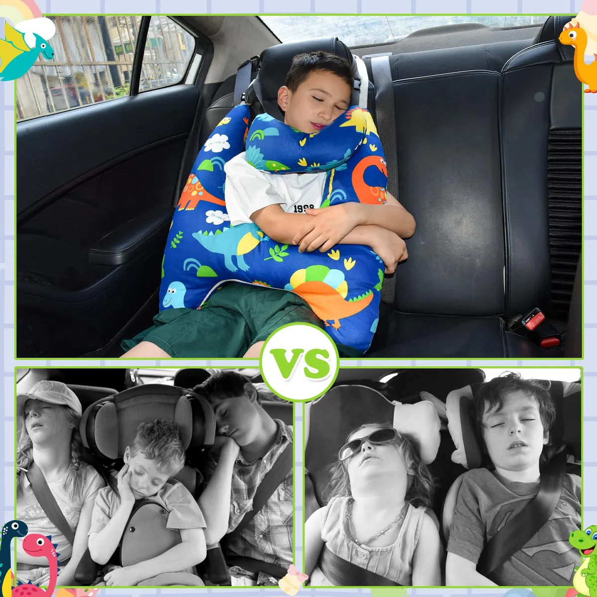 Cuscino Auto Bambini, Cuscino Auto per Bambini a Forma di H, Cuscino da Viaggio per Bambini in Auto, Lavabile, Regolabile e Traspirante, per I Lunghi Viaggi in Auto (Dinosauro)
